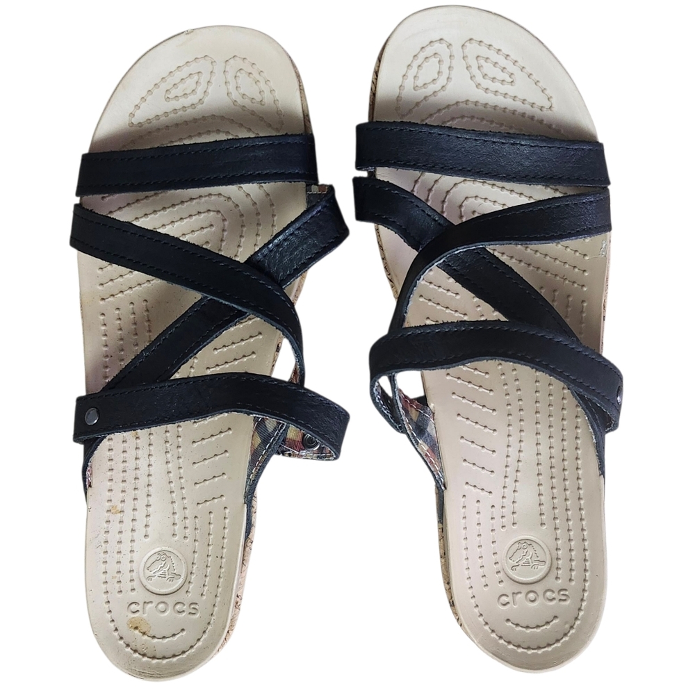 Crocs Black and Tan A-leigh Leather Wedge Sandals. Sz. 9 - Picture 2 of 8